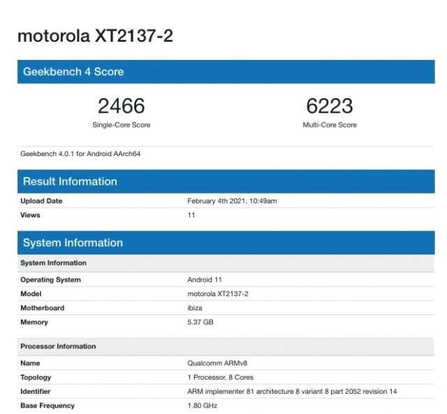 موتورولا ابيزا Motorola Ibiza يظهر بمواصفاته الرئيسية على منصة اختبارات الأداء Geekbench