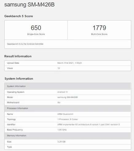 بيانات جالكسي ام 42 فايف جي على منصة Geekbench