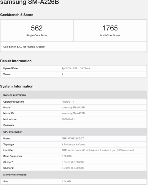 مواصفات سامسونج جالكسي اى 22 فايف جي – Galaxy A22 5G تظهر على منصة Geekbench 2 مواصفات سامسونج جالكسي اى 22 فايف جي – Galaxy A22 5G تظهر على منصة Geekbench