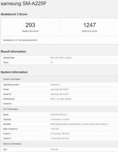 مواصفات سامسونج جالكسي اى 22 فور جي - Samsung Galaxy A22 4G تظهر على منصة Geekbench 2 سامسونج جالكسي اى 22