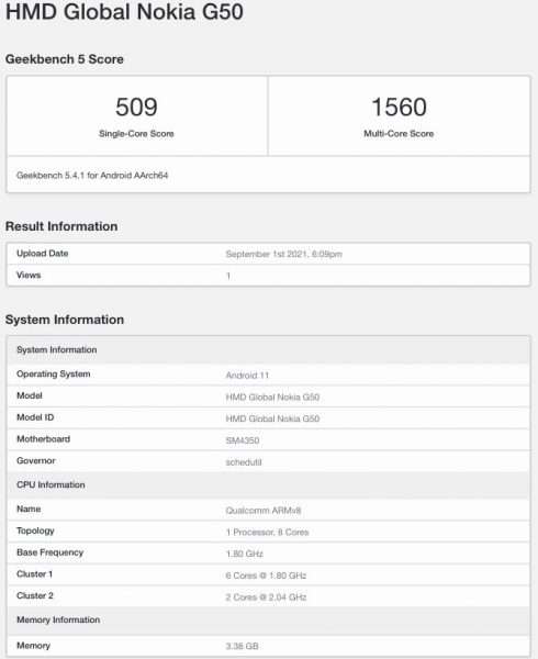 مواصفات نوكيا جي 50 - Nokia G50 تظهر على منصة GeekBench 3 مواصفات نوكيا جي 50 - Nokia G50 تظهر على منصة GeekBench