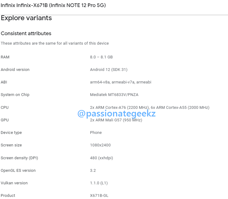 انفنكس نوت 12 برو يظهر في منصة Google Play Console بمواصفات مميزة 3 انفنكس 12 برو