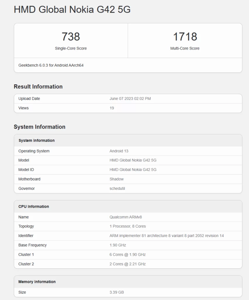 نوكيا جي 42 الجديد يزور منصة Geekbench