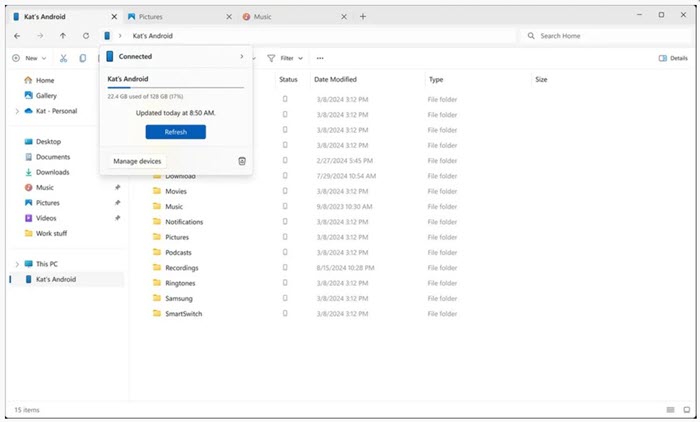 تعمل شركة مايكروسوفت منذ فترة على تطوير وسيلة تتيح لمستخدميها الوصول إلى هواتفهم الذكية التي تعمل بنظام أندرويد مباشرة من خلال مستكشف الملفات في تحديث ويندوز 11 الجديد 2024. والآن، يمكن للمستخدمين المشتركين في برنامج Windows Insider تجربة هذه الميزة الجديدة.