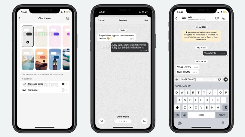 أعلنت واتساب في تحديثها التجريبي رقم 24.12.10.77 لنظام iOS أنها تعمل على ميزة جديدة لإدخال ثيمات دردشة إضافية، مما يتيح للمستخدمين خيارات أوسع لتخصيص تجربة الدردشة. وتأتي هذه الثيمات مع مجموعات ألوان فريدة لفقاعات المحادثة والخلفيات.