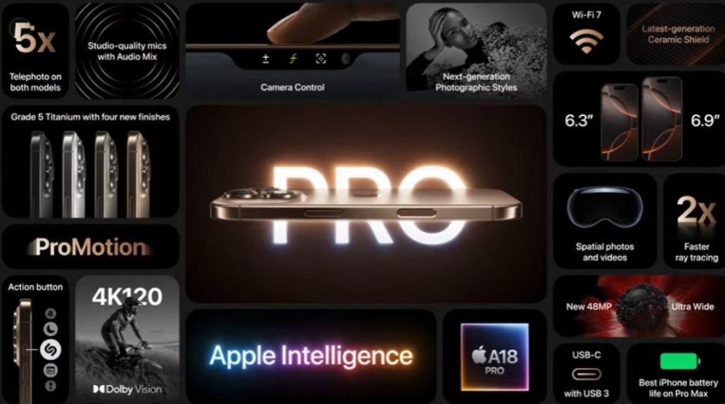 تم تقديم ايفون 16 برو "iPhone 16 Pro" في حدث آبل إلى جانب iPhone 16 Pro Max و Apple Watch Series 10. يشهد iPhone 16 Pro تطورًا كبيرًا في الجيل الجديد من هواتف آبل، مع تحسينات ملحوظة في الحجم والأداء والكاميرات.