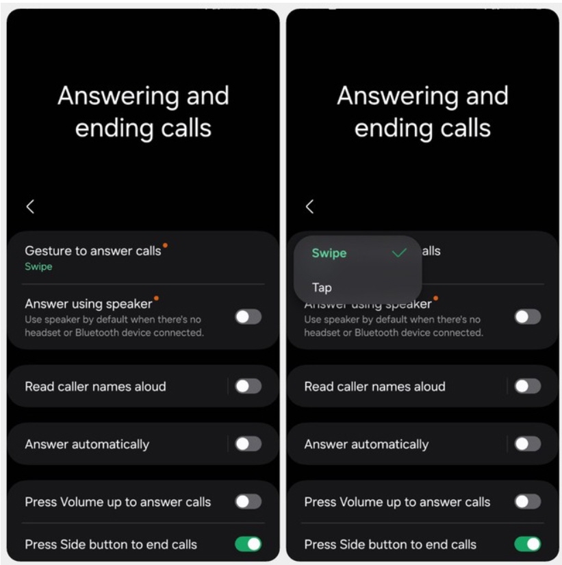 المستخدمون الذين حصلوا على تحديث One UI 6.1.1 لاحظوا إضافتين جديدتين لتطبيق الهاتف الخاص بـ سامسونج. الإعداد الأول يتيح تغيير الحركة المستخدمة للرد على المكالمات في واجهة الاتصال الصوتي، بينما يُمكّن الثاني المستخدمين من تعيين السماعة الخارجية كمصدر افتراضي للصوت عند إجراء المكالمات.
